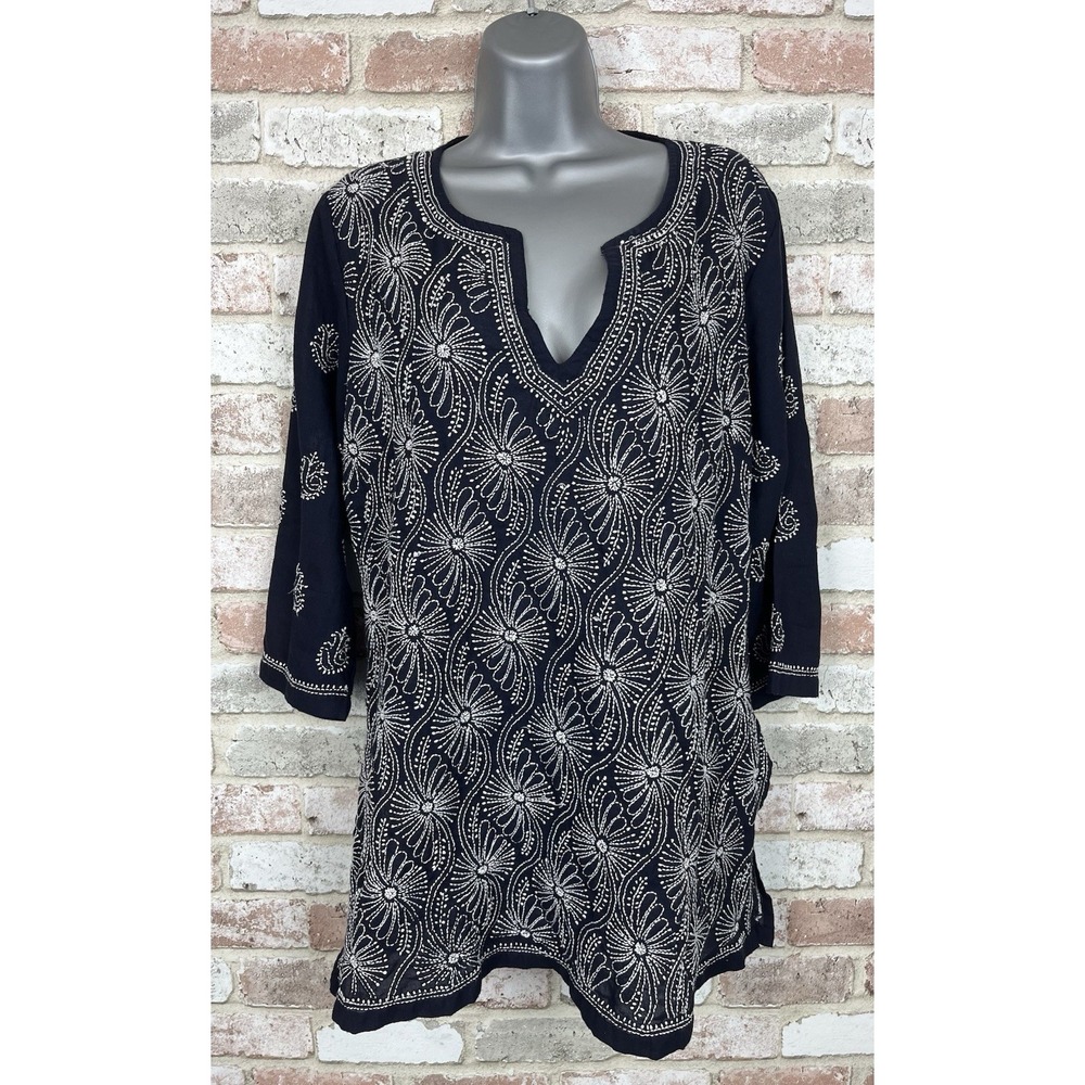 Gretchen Scott Designs Navy & White Embroidered Tunic Top Sz M Beach Resortwear